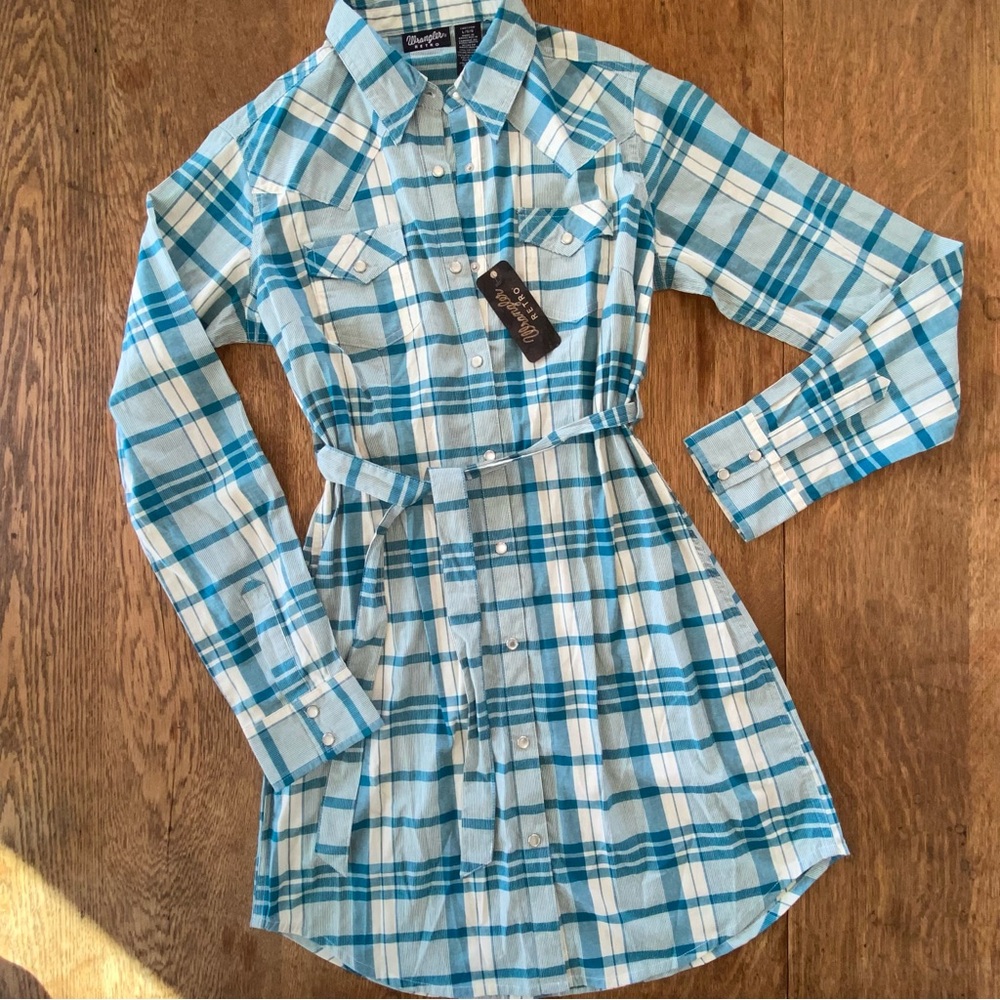 New Wrangler Teal and White Plaid Long Sleeve Dress Snap Buttons